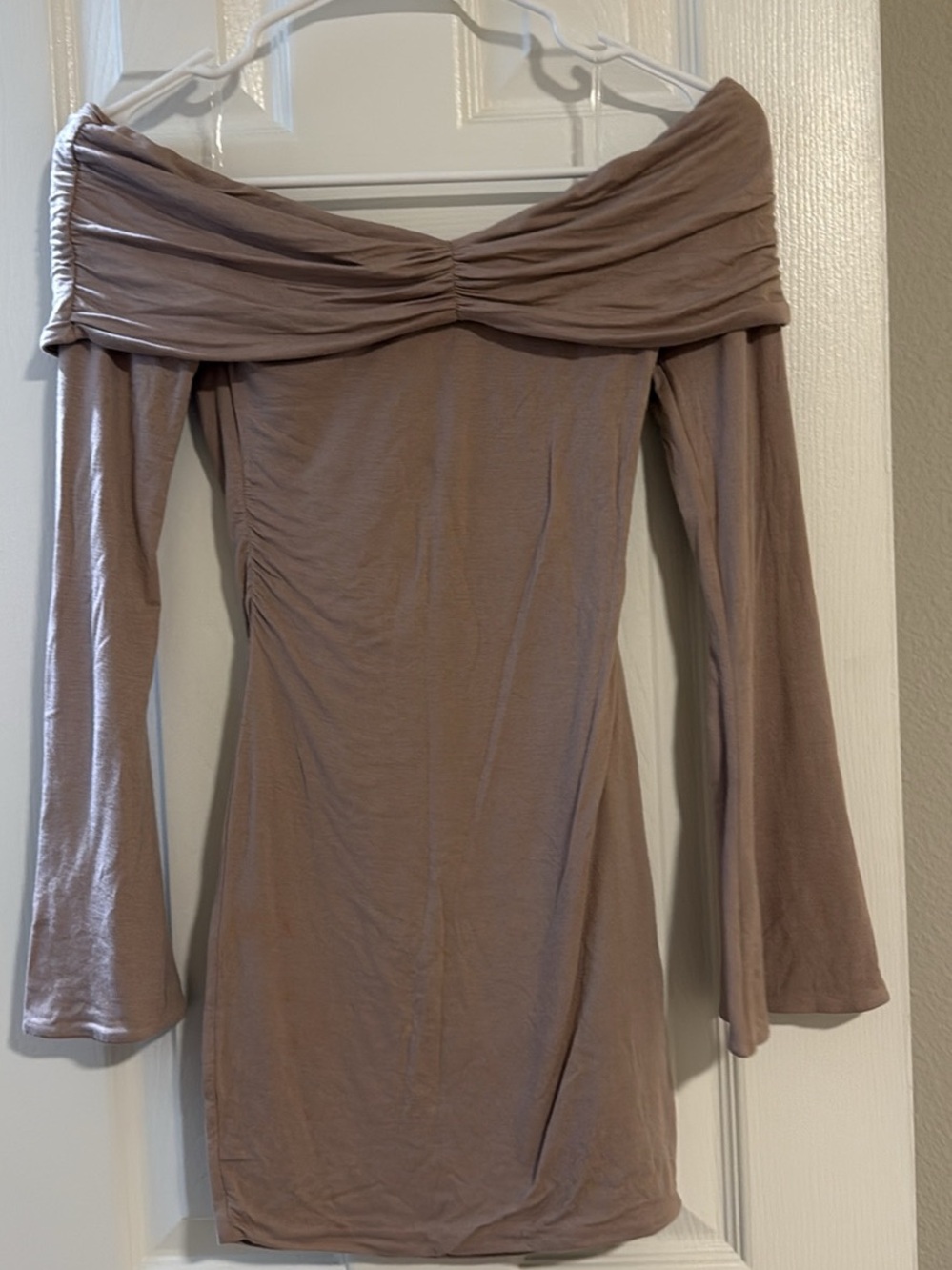 Oh Polly Ruched Fold-Over Neckline Dress in Taupe